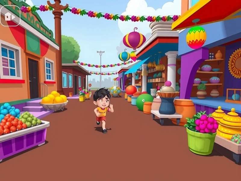 Dhokla Dash Supreme game screenshot showing a character running through a colorful Gujarati market